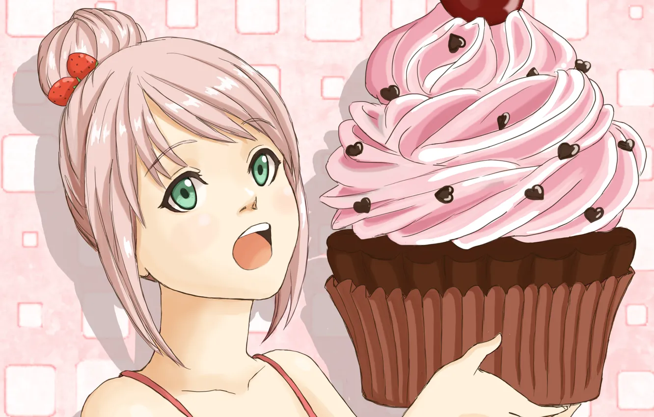 Photo wallpaper Girl, strawberry, hearts, cake