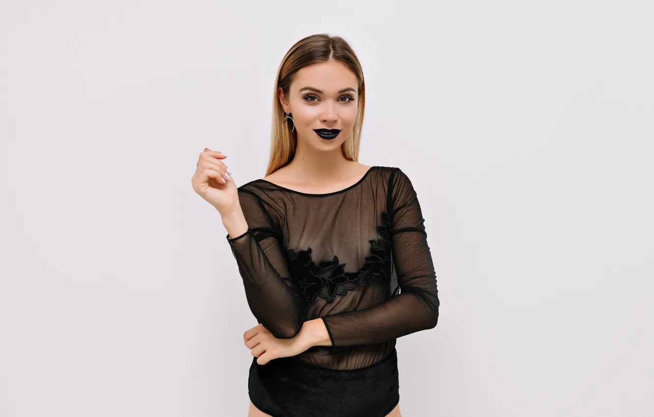 Photo wallpaper black, bodysuit, woman, glad