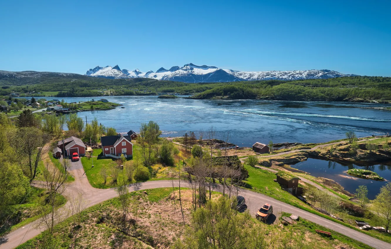Photo wallpaper the sky, mountains, river, house