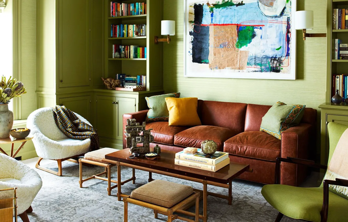 Photo wallpaper design, style, interior, library, living room, Green living room