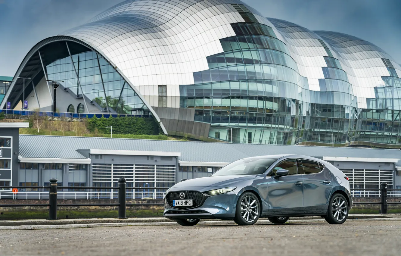 Photo wallpaper road, auto, the building, Mazda, Hatchback, Skyactiv-G