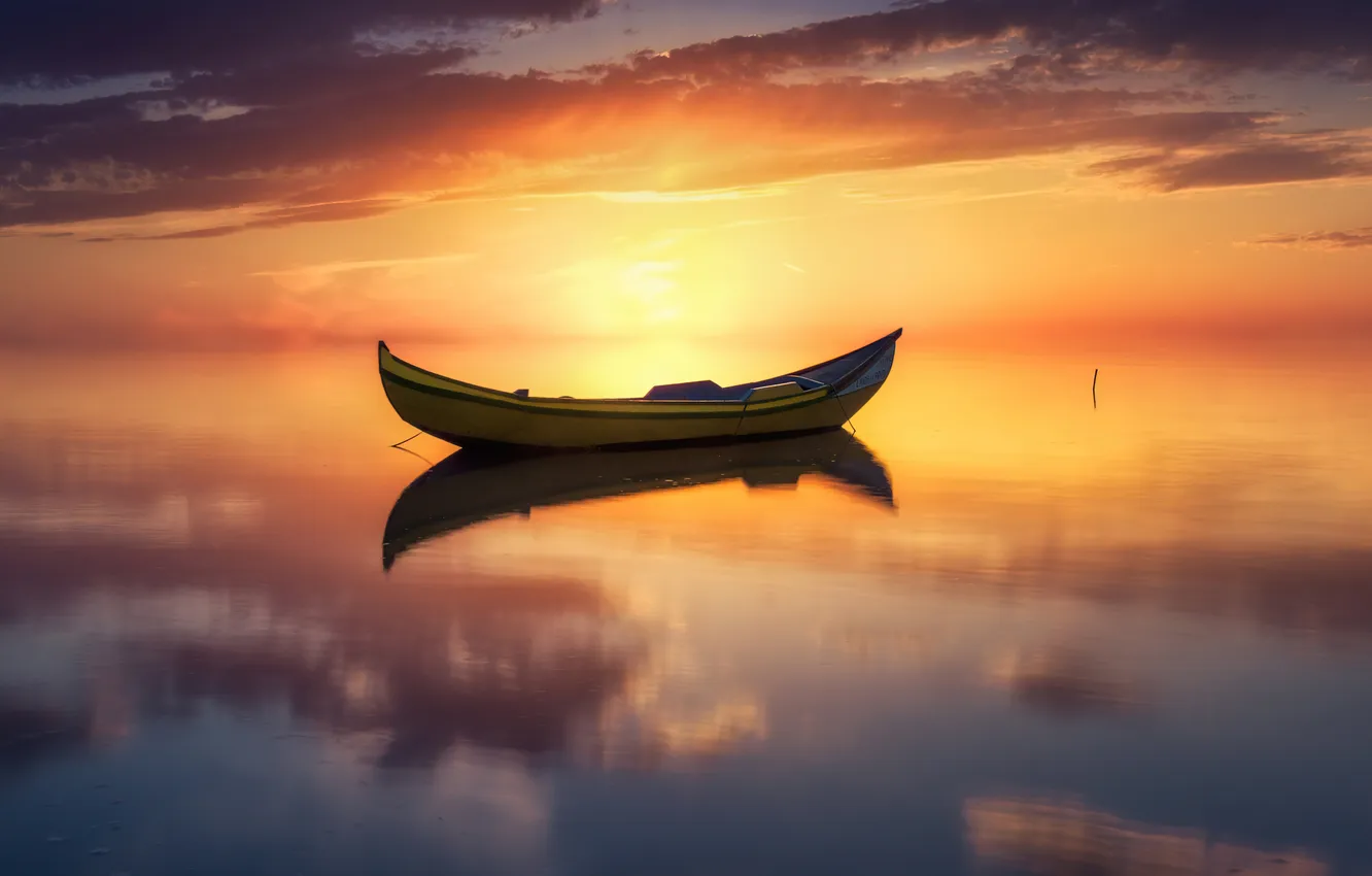Photo wallpaper wallpaper, sea, nature, sunset, picture, boat
