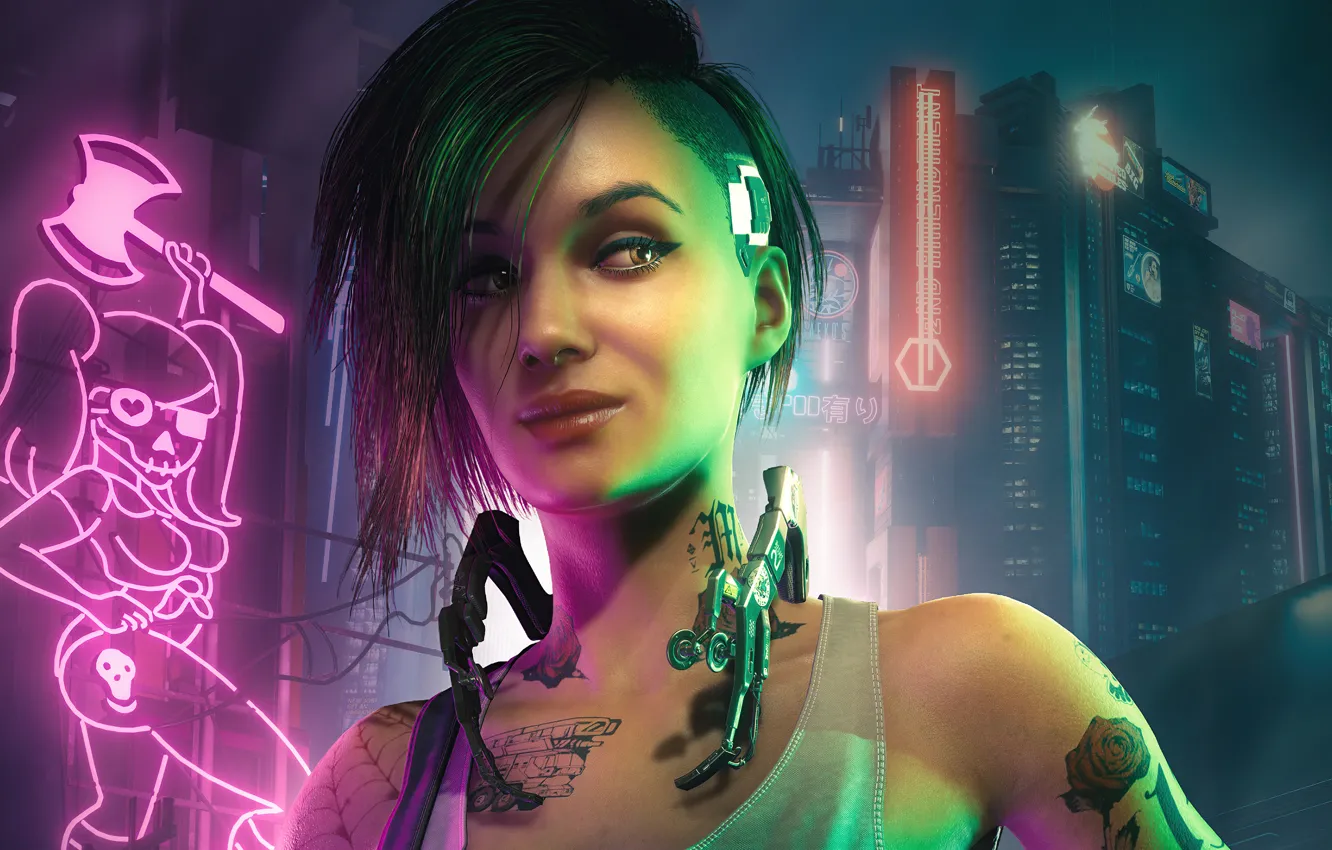 Photo wallpaper smile, future, the game, technology, skyscrapers, game, cyborg, night city