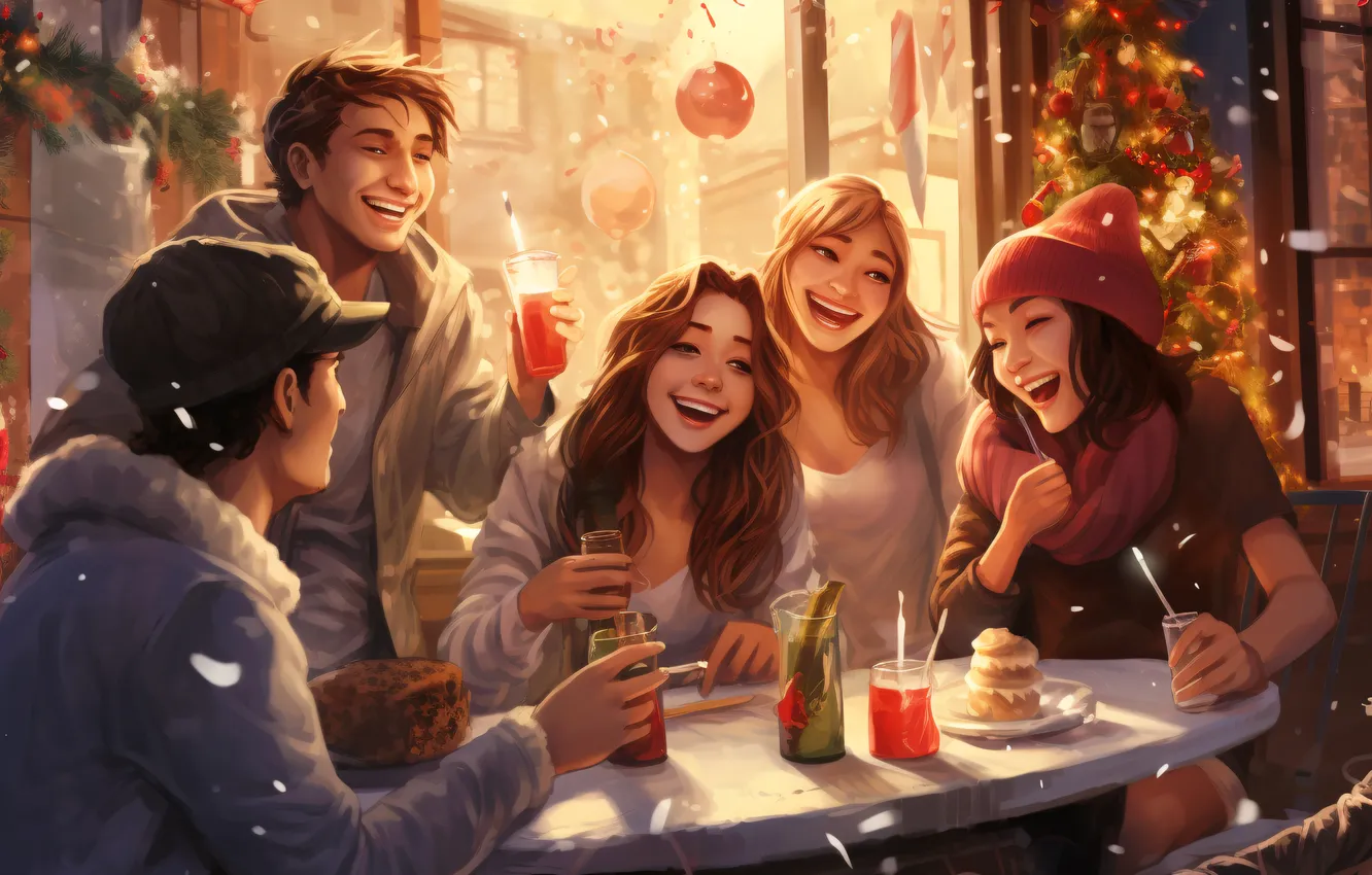 Photo wallpaper Girls, Smile, Table, Christmas, New year, Tree, Joy, Digital art