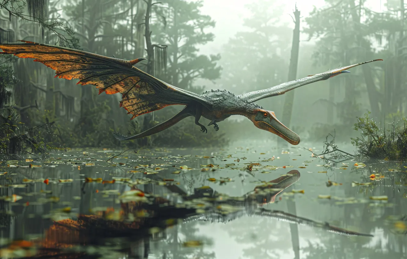 Photo wallpaper trees, flight, animal, swamp, wings, dinosaur, pterodactyl, digital art