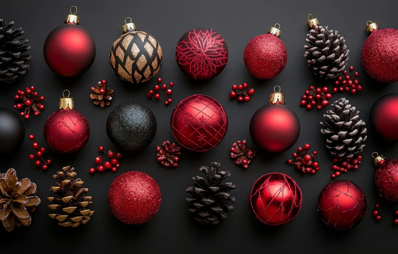 Photo wallpaper balls, berries, the dark background, Christmas, red, New year, bumps, Christmas decorations