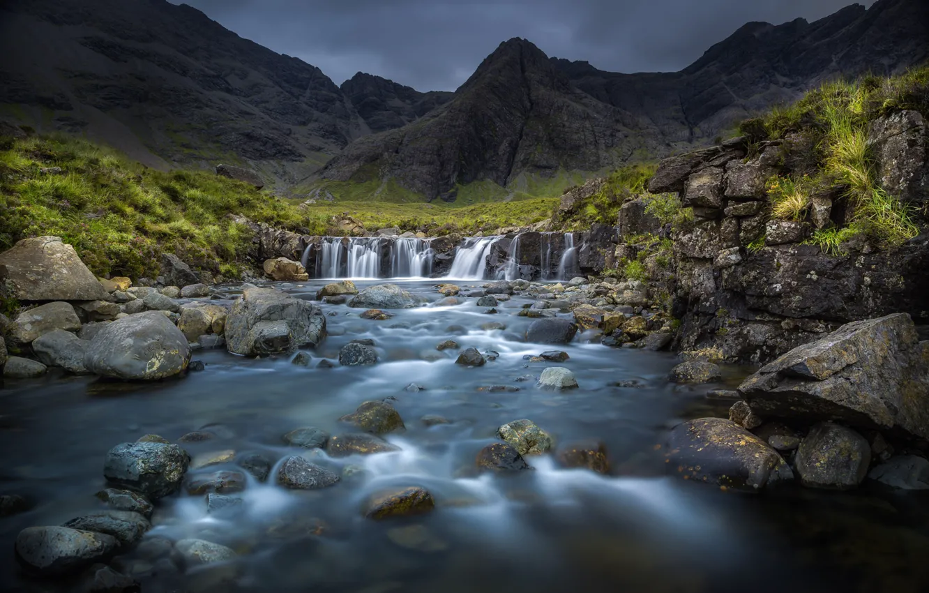 Photo wallpaper mountains, river, stones, rocks, stream, Scotland, Highland