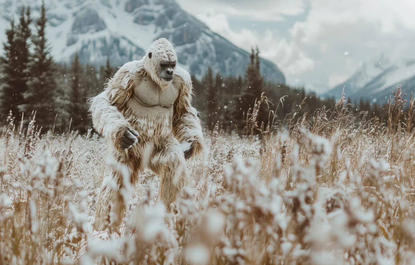 Photo wallpaper winter, grass, snow, mountains, being, Yeti, Bigfoot, digital art