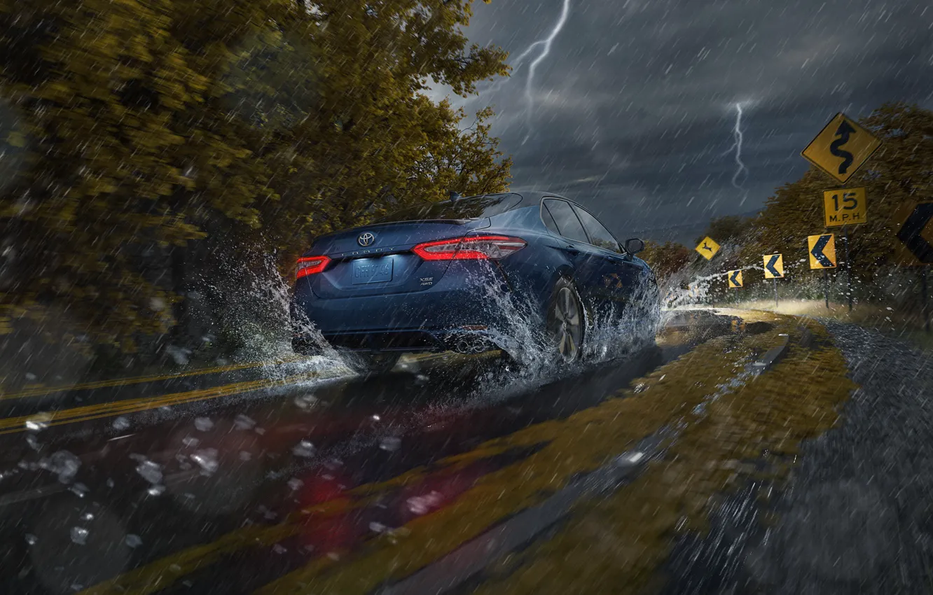 Photo wallpaper Water, Road, Trees, Lightning, Rain, Squirt, Toyota, Back