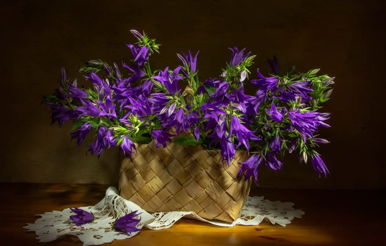 Photo wallpaper flowers, table, bouquet, still life, bells, basket, field, lilac