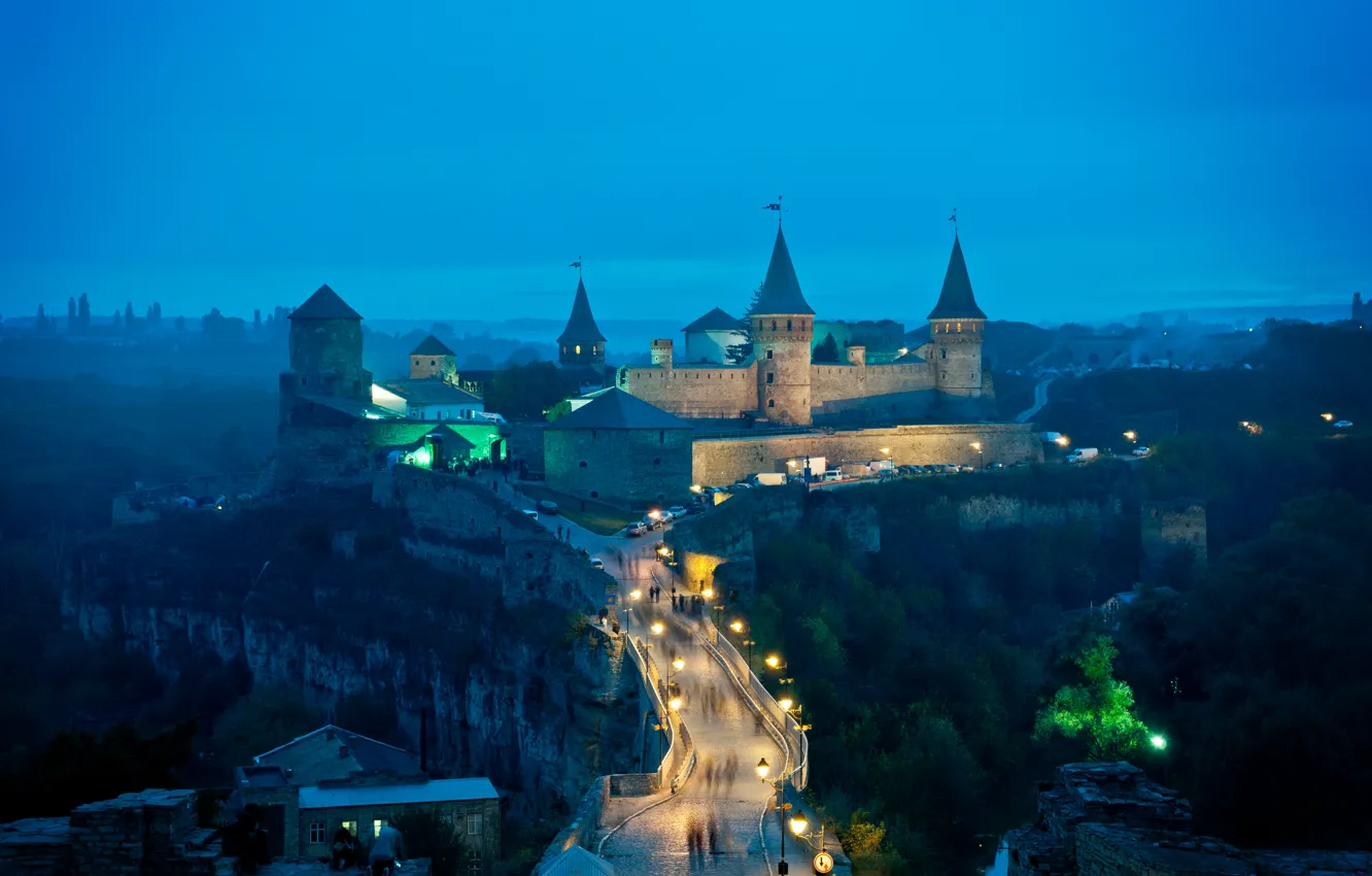 Photo wallpaper bridge, castle, the evening, lights, tower, Ukraine, Kamianets-Podilskyi