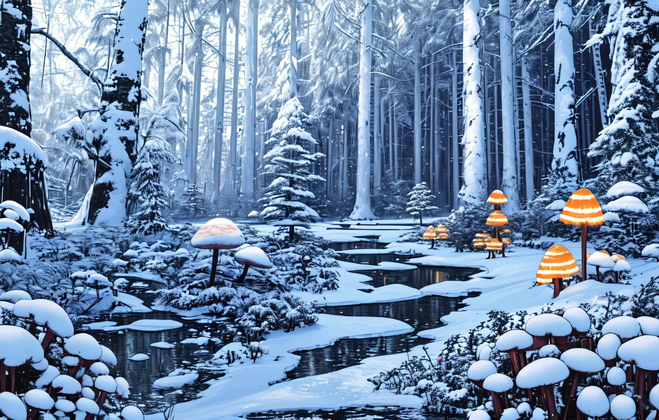 Photo wallpaper winter, forest, snow, mushrooms