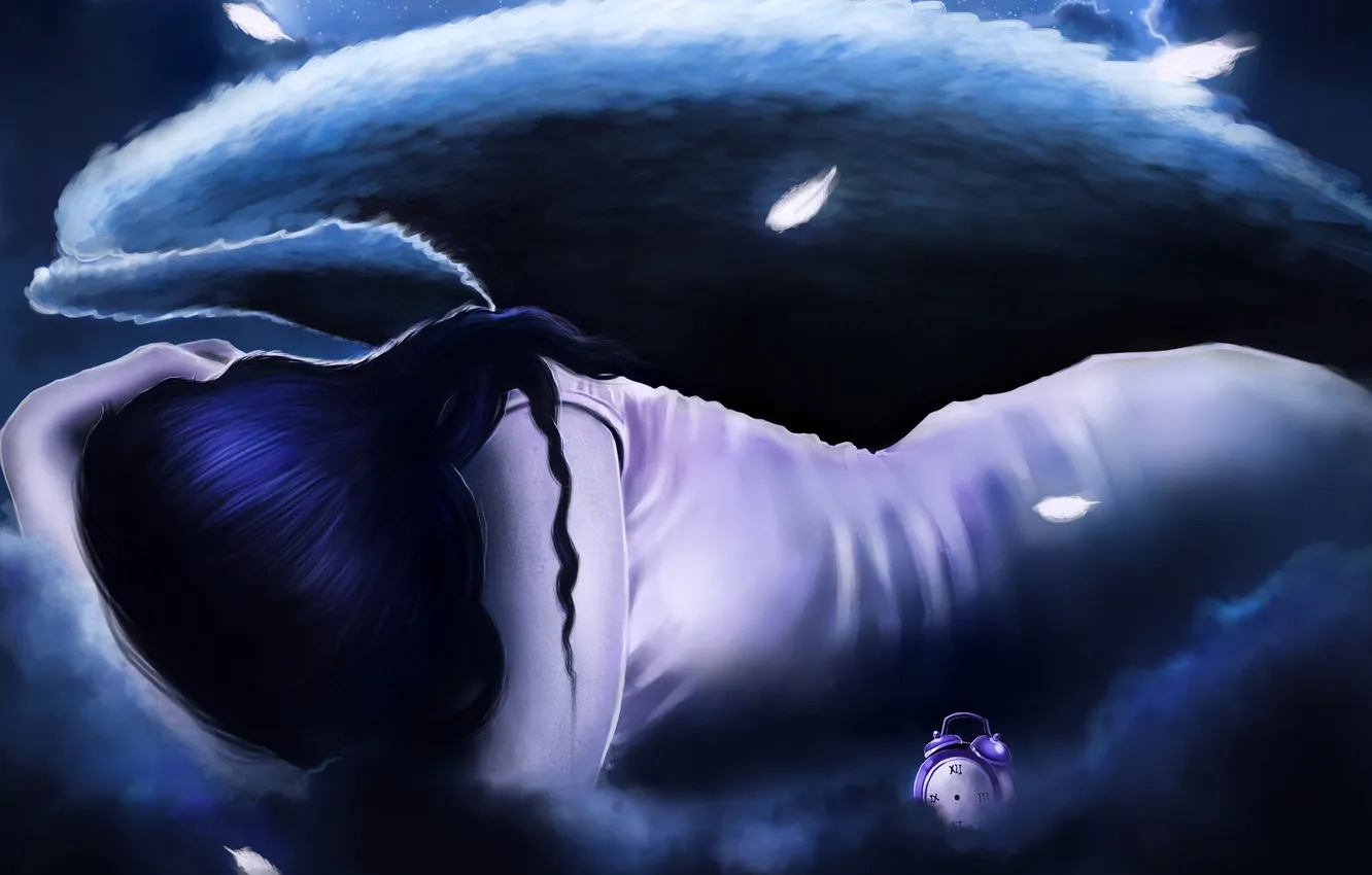 Photo wallpaper girl, fiction, hair, back, watch, wings, angel, feathers