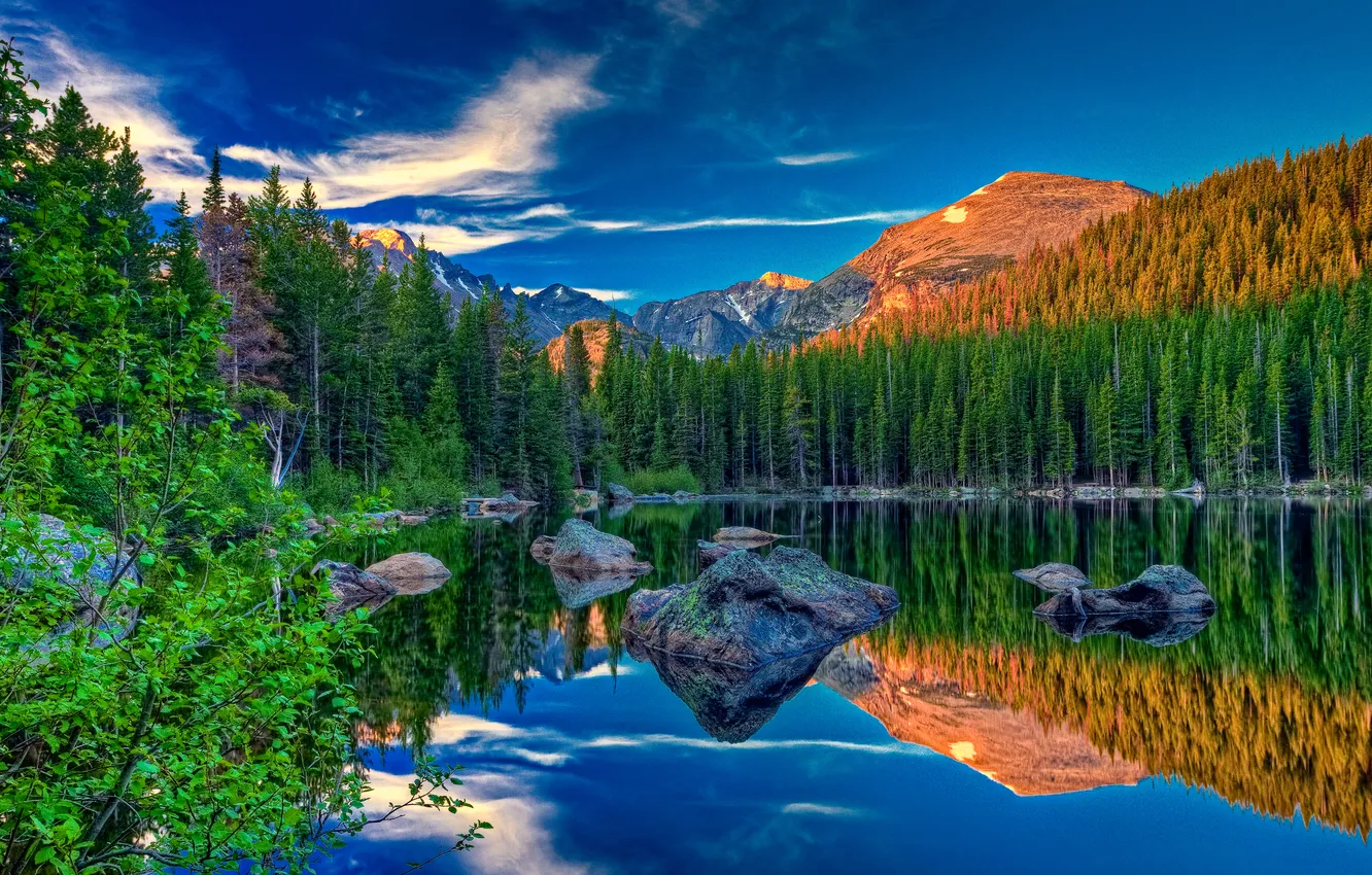 Photo wallpaper forest, the sky, mountains, lake
