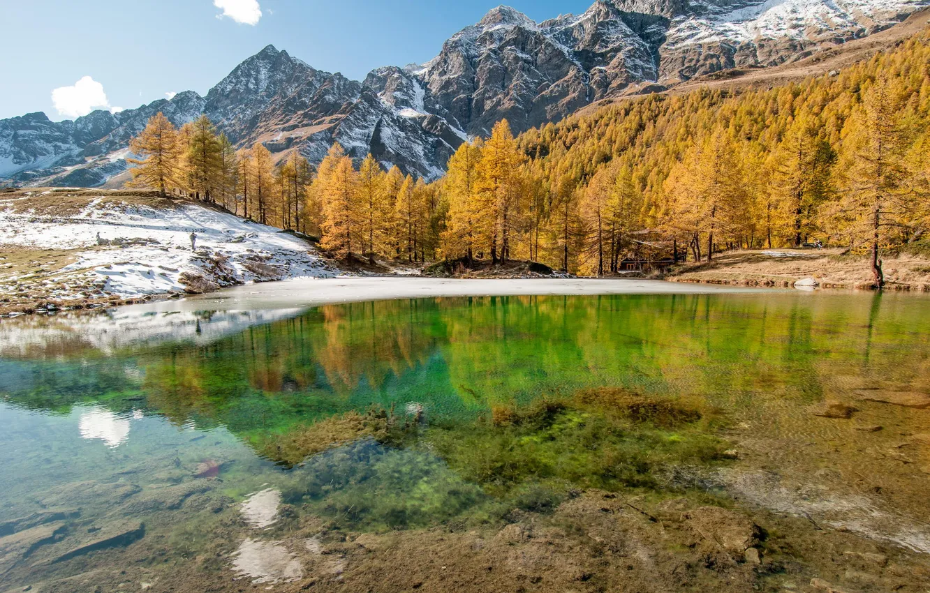 Photo wallpaper winter, forest, snow, mountains, lake, reflection