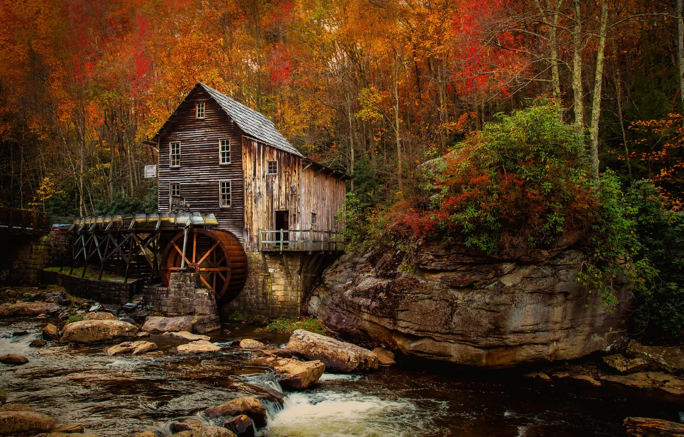 Photo wallpaper autumn, river, mill