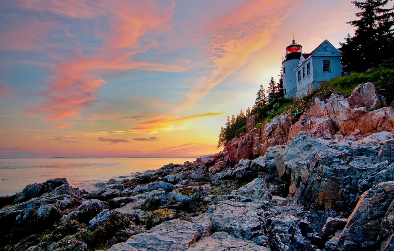 Photo wallpaper sea, the sky, clouds, sunset, house, stones, rocks, lighthouse