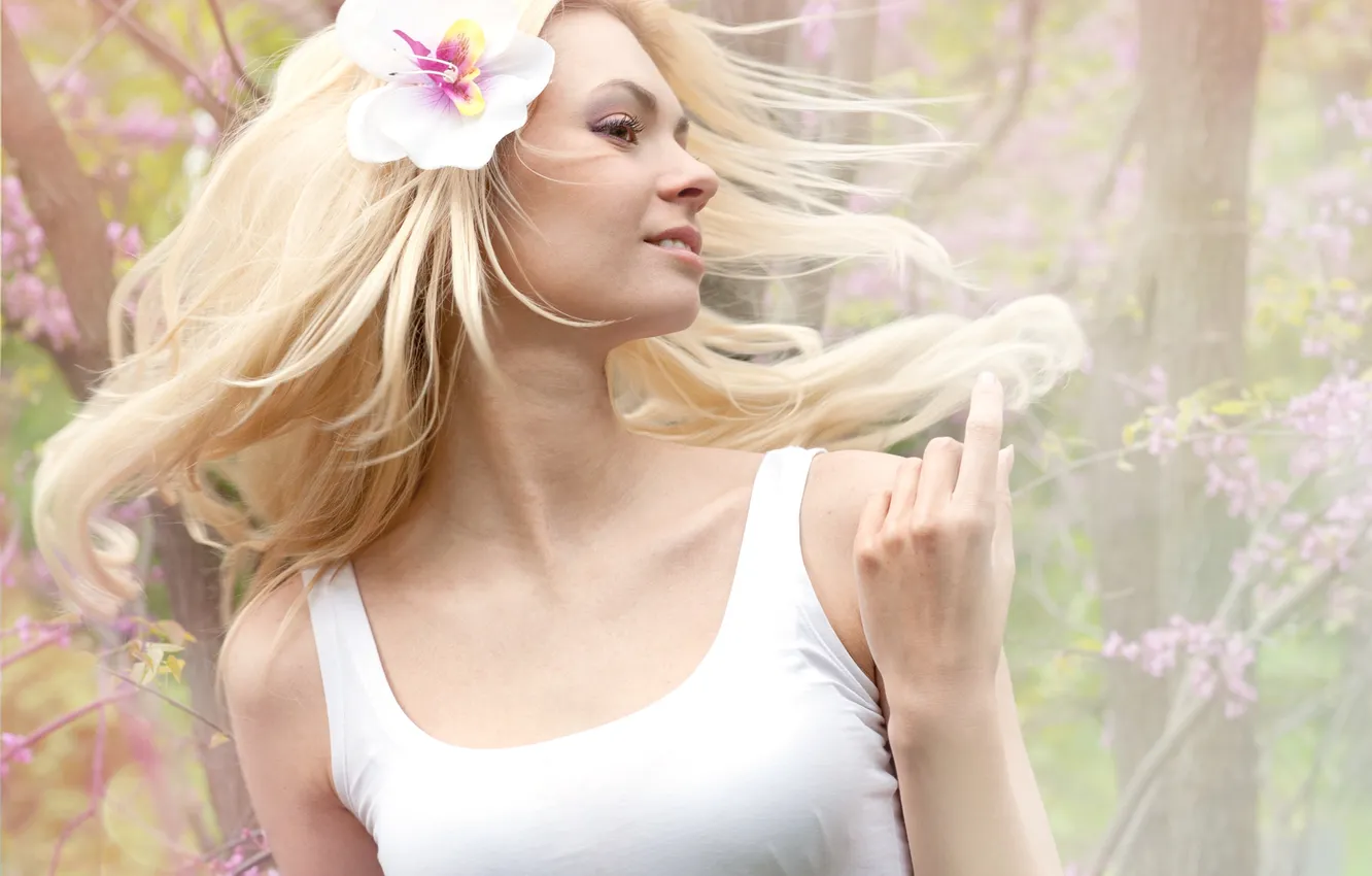 Photo wallpaper girl, flowers, smile, spring, blonde, profile