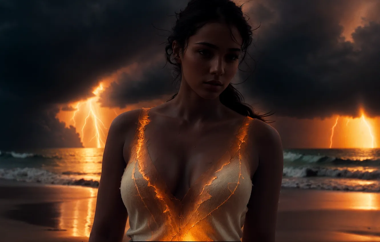 Photo wallpaper beach, sunset, beautiful woman, surreal, AI Art