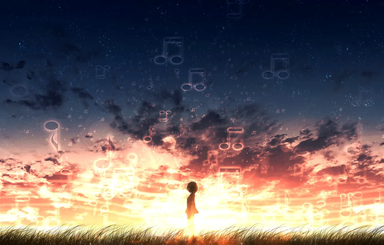 Photo wallpaper sunset, notes, girl