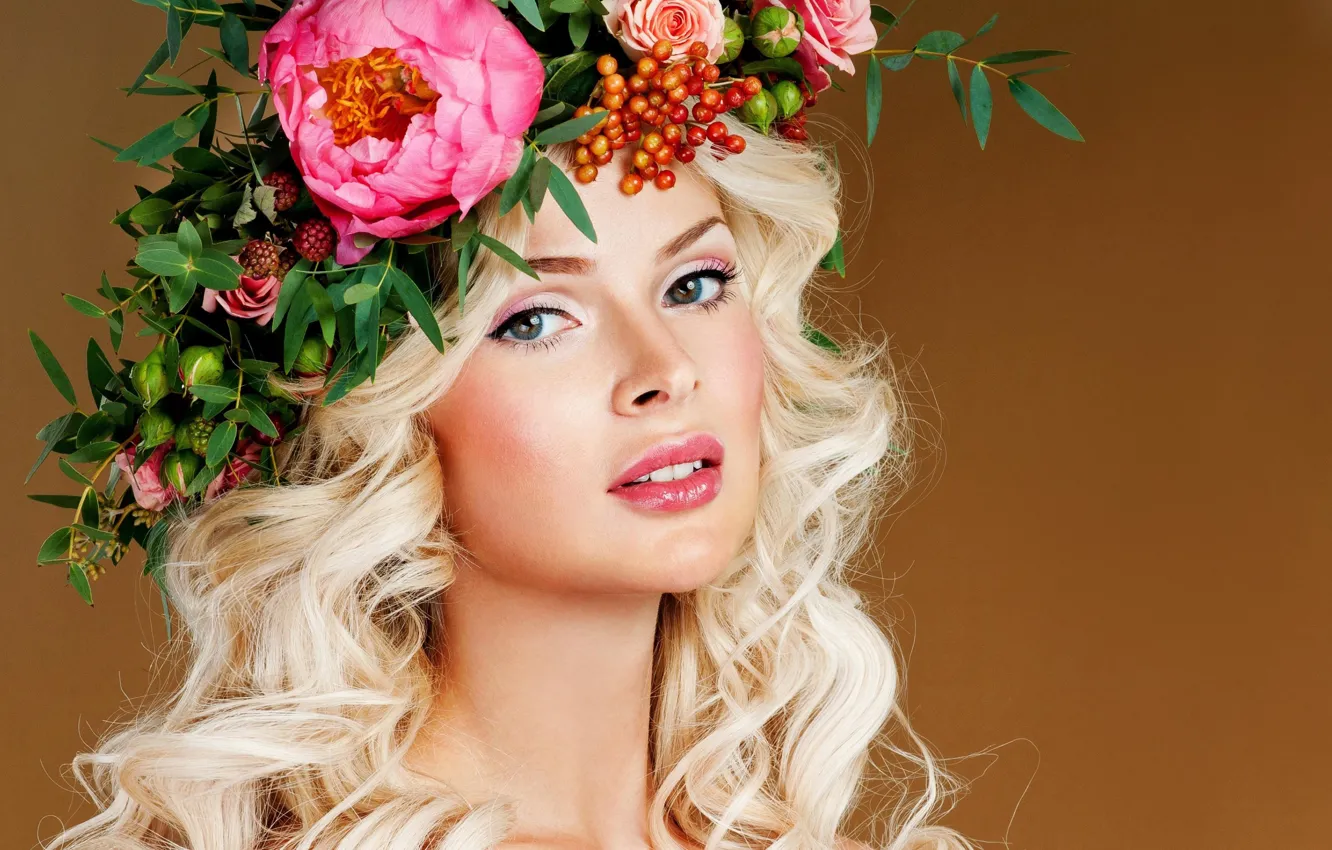 Photo wallpaper girl, blonde, wreath, long hair