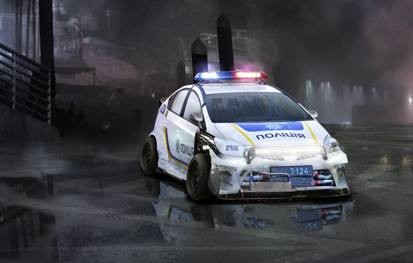 Photo wallpaper wet, auto, fog, tuning, figure, police, puddle, toyota