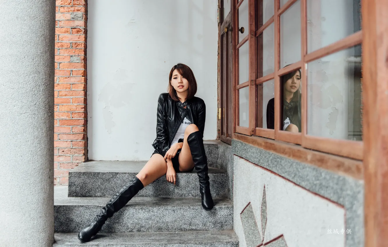 Photo wallpaper girl, legs, model, asian, cute, boots, jacket