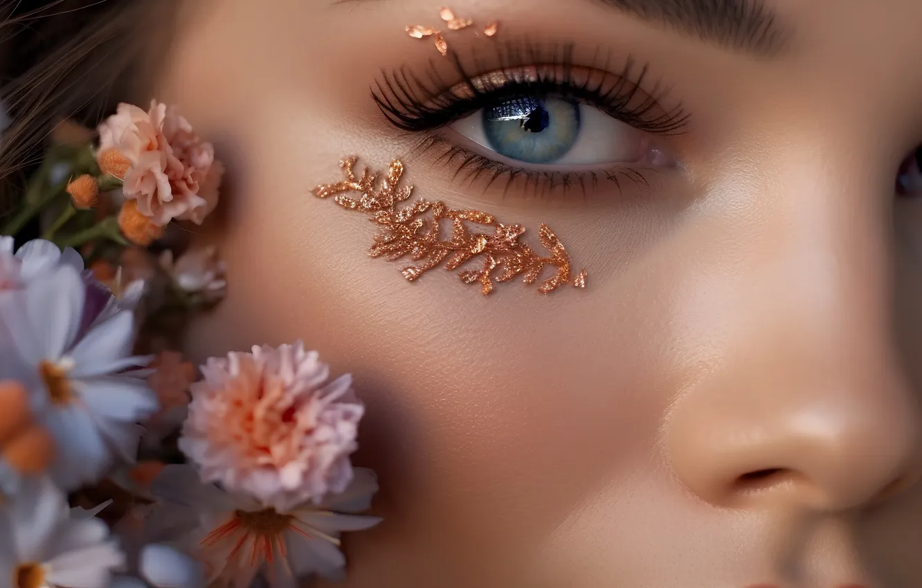 Photo wallpaper girl, flowers, eyes, leather, makeup, nose