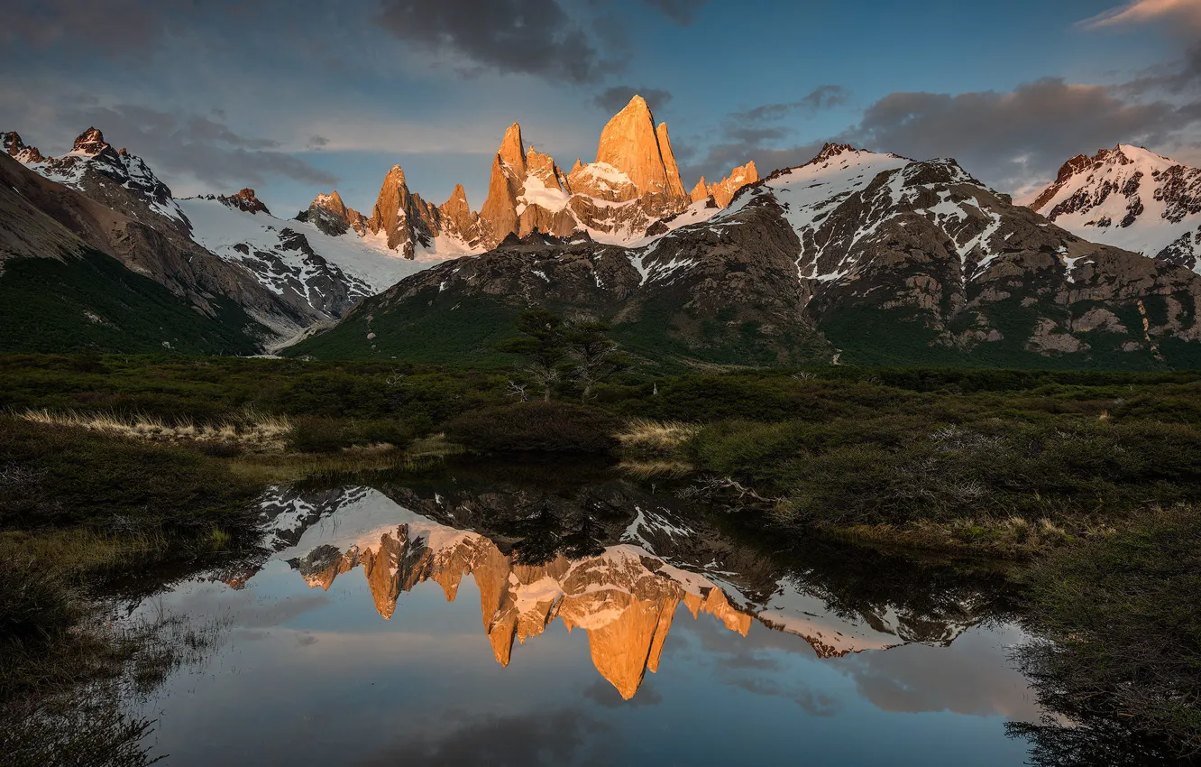 Photo wallpaper the sky, clouds, light, snow, mountains, lake, reflection, shore