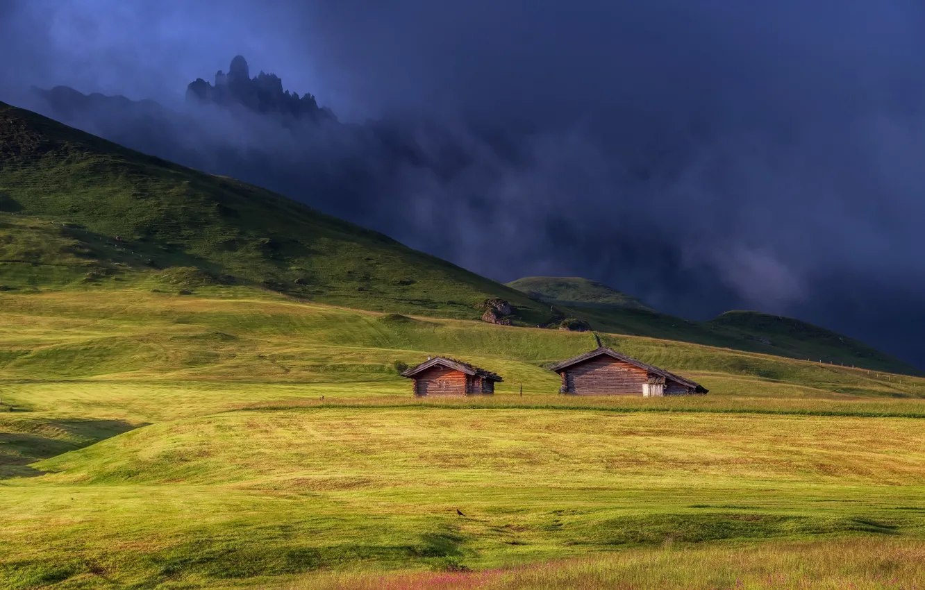 Photo wallpaper mountains, fog, house