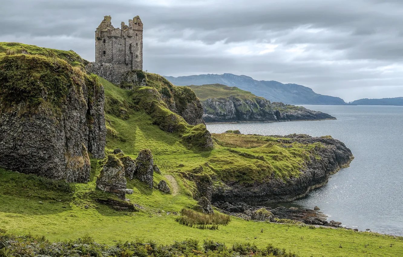 Photo wallpaper sea, the sky, clouds, castle, Scotland, ruins, medieval architecture, Gylen Castle