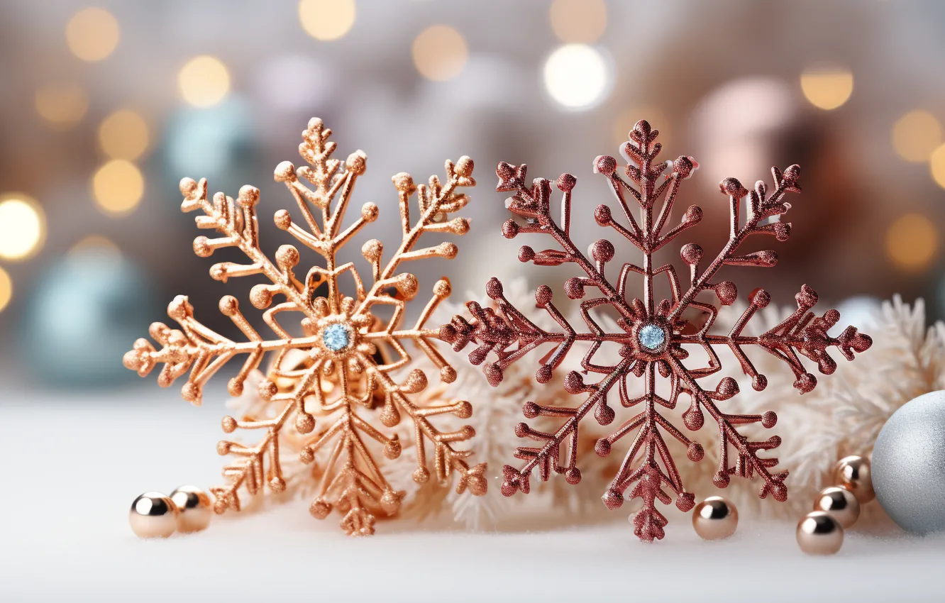 Photo wallpaper balls, snowflakes, new year, rhinestones, Christmas, gold, gold plated, light background