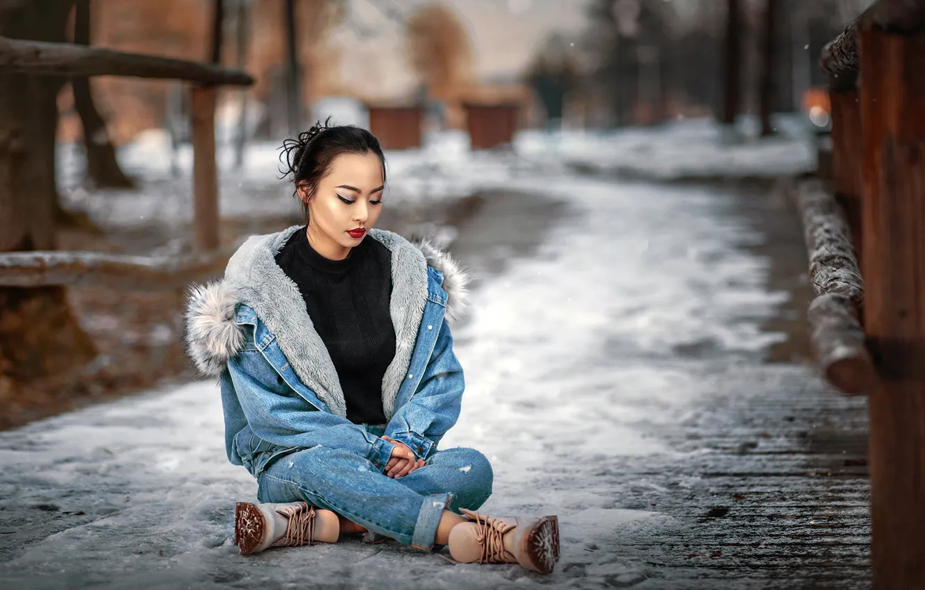 Photo wallpaper snow, bridge, pose, model, portrait, jeans, makeup, shoes