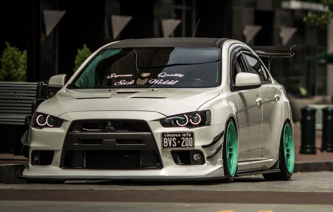 Photo wallpaper white, mitsubishi, tuning, lancer, evolution, street