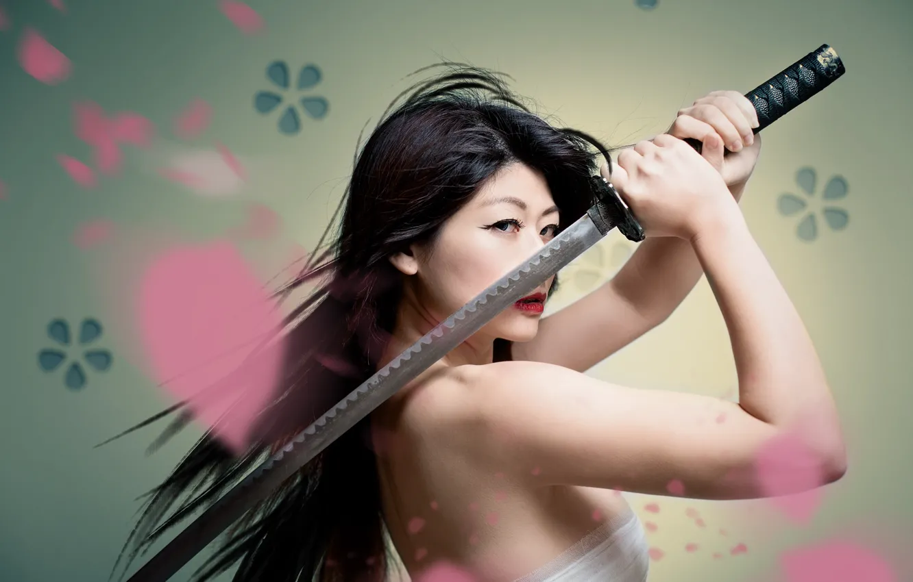 Photo wallpaper look, background, model, sword, Asian