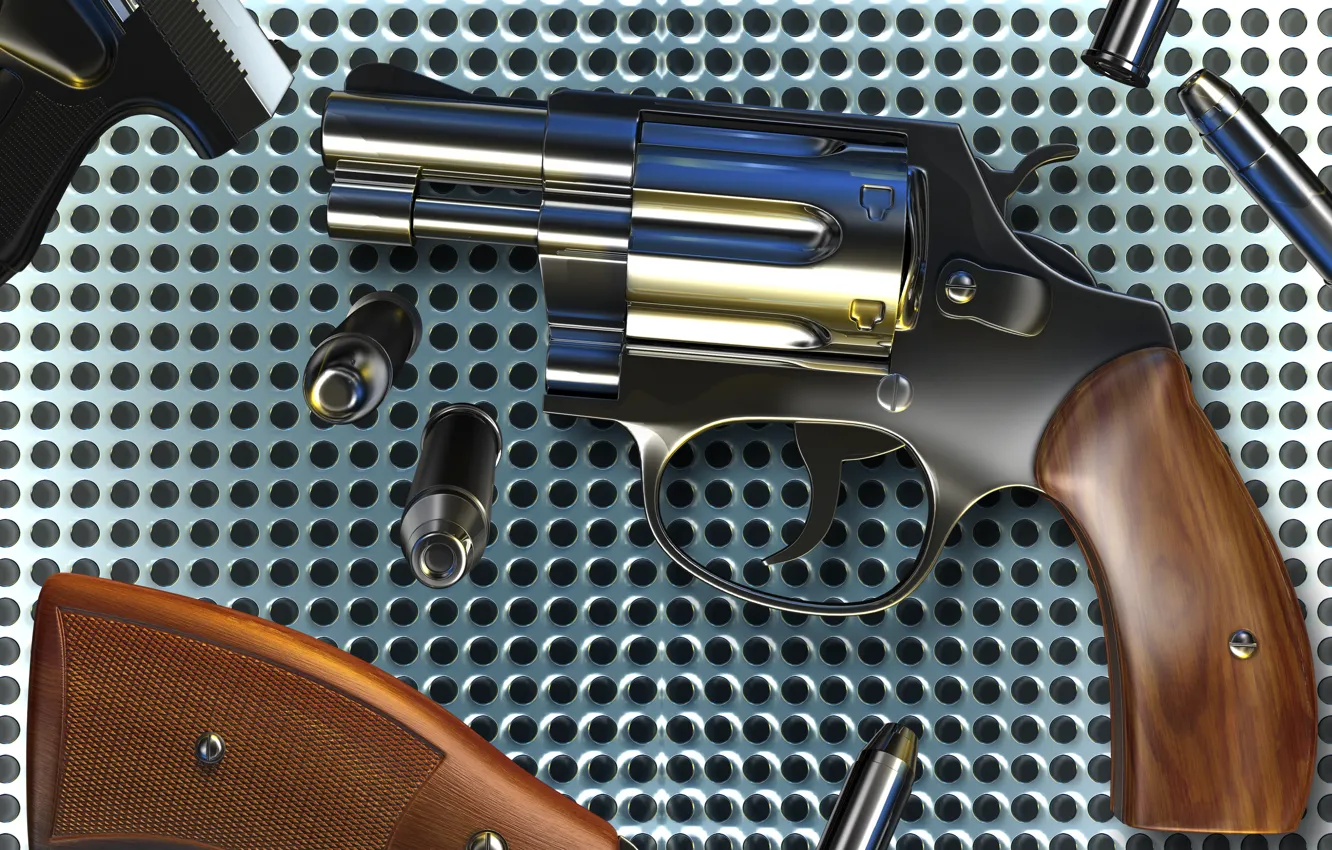 Photo wallpaper grille, cartridges, metal, revolver