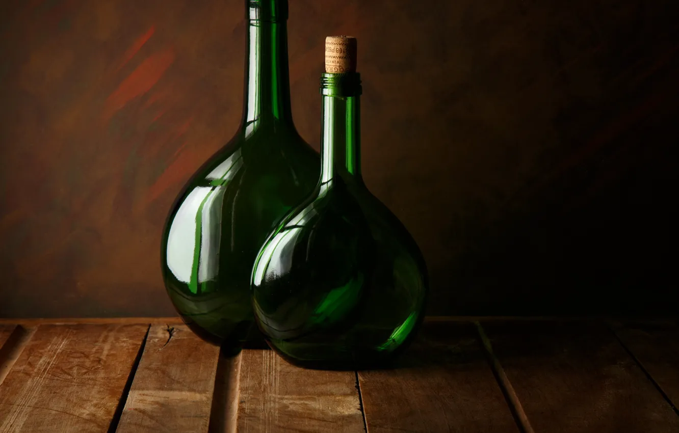 Photo wallpaper glass, two, bottle, Two green bottles