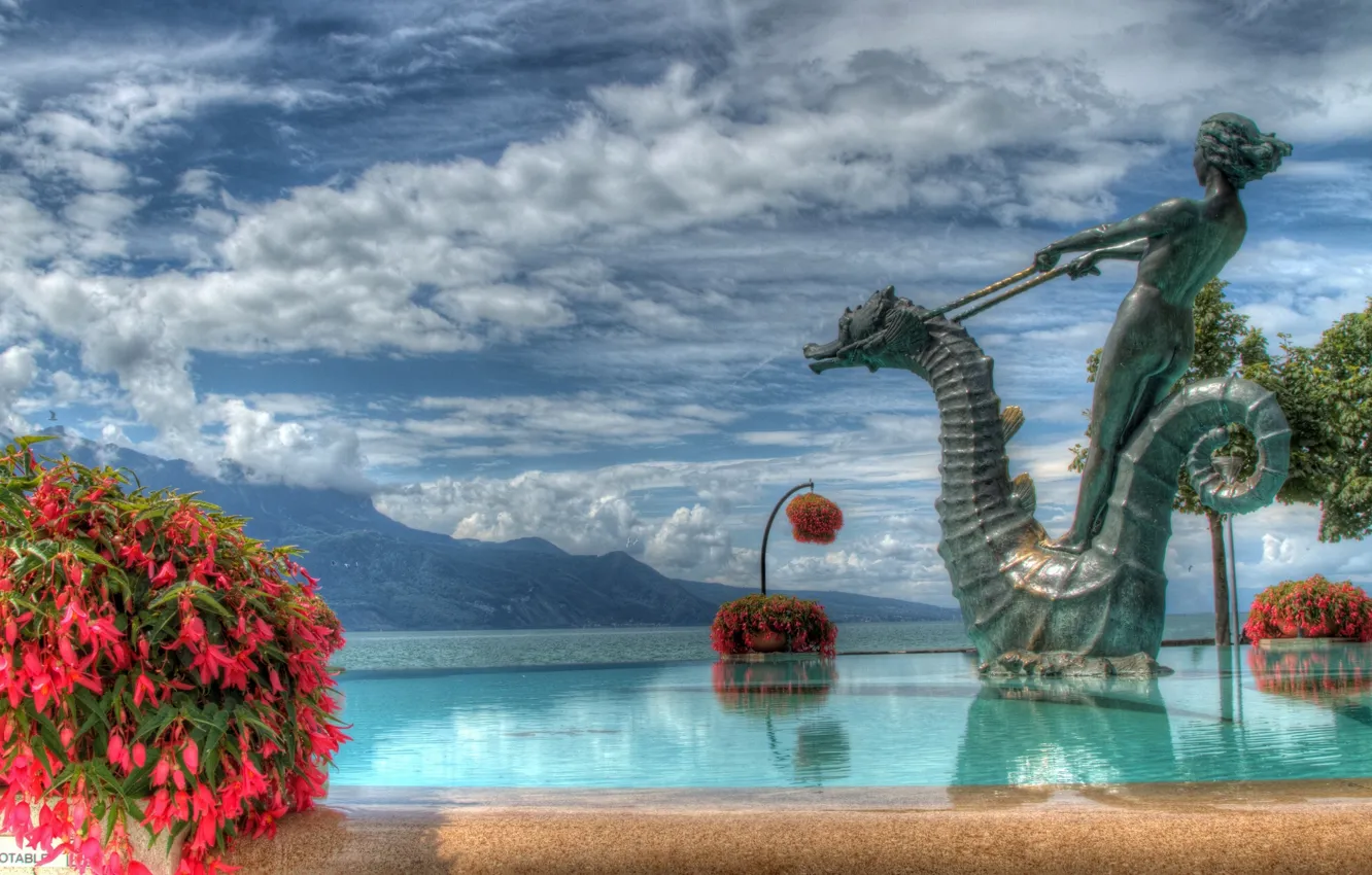 Photo wallpaper landscape, flowers, Switzerland, fountain, sculpture, Switzerland, Lake Geneva, Lake Geneva