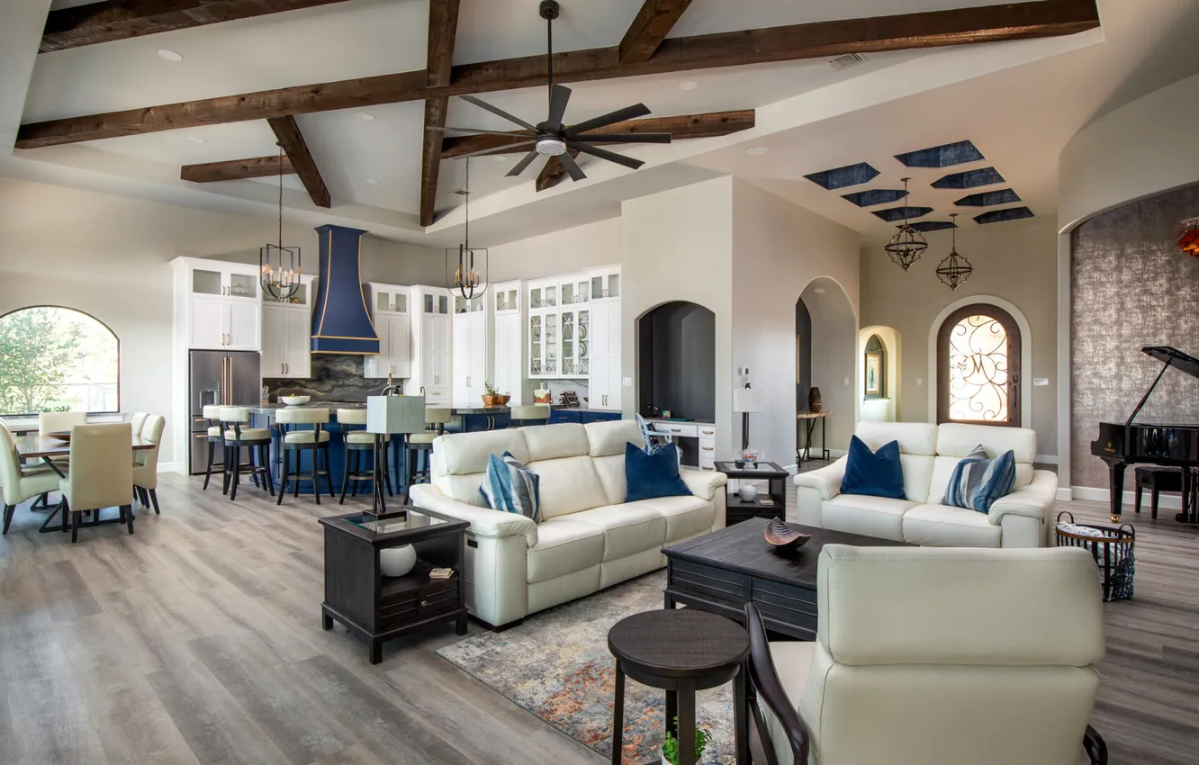 Photo wallpaper design, style, Villa, interior, piano, kitchen, living room, dining room