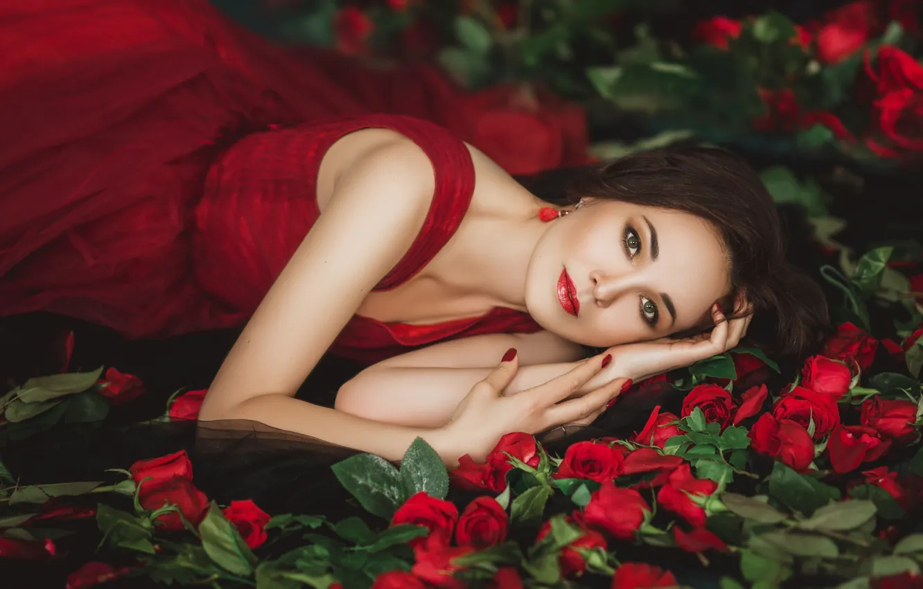 Photo wallpaper look, girl, flowers, red, face, pose, woman, portrait