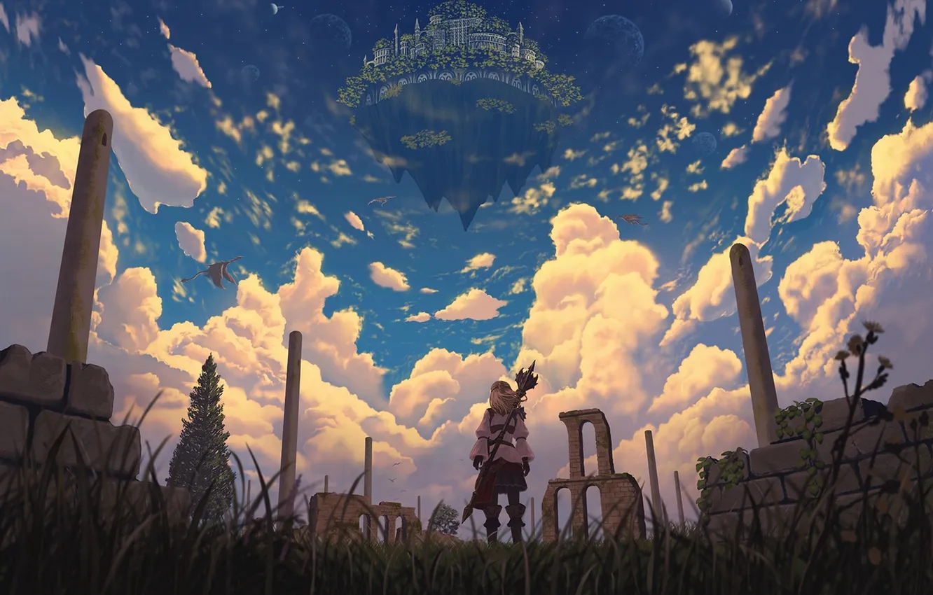 Photo wallpaper the sky, girl, clouds, the city, dragon, anime, art, nauimusuka