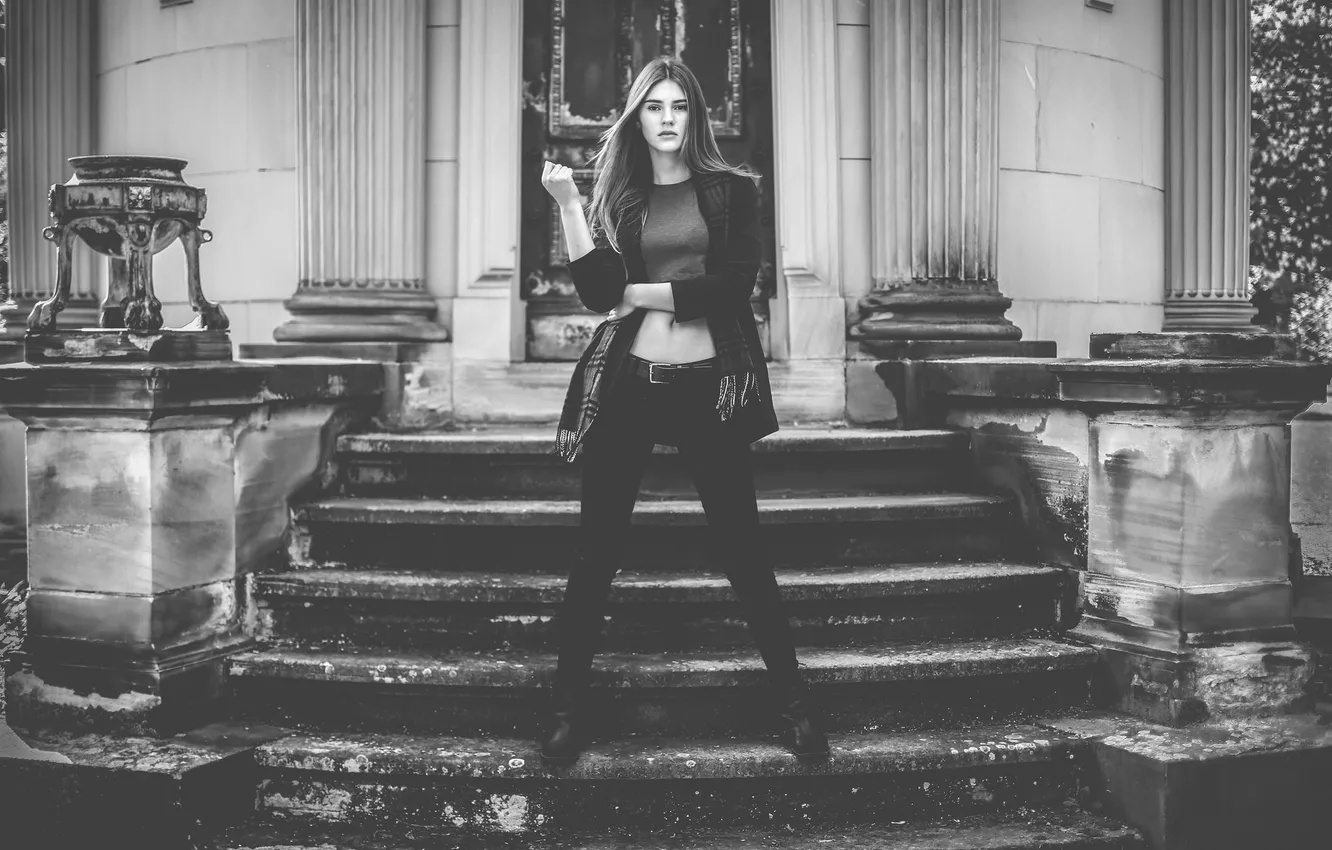 Photo wallpaper girl, hair, scarf, the door, lips, jacket, step, direct look