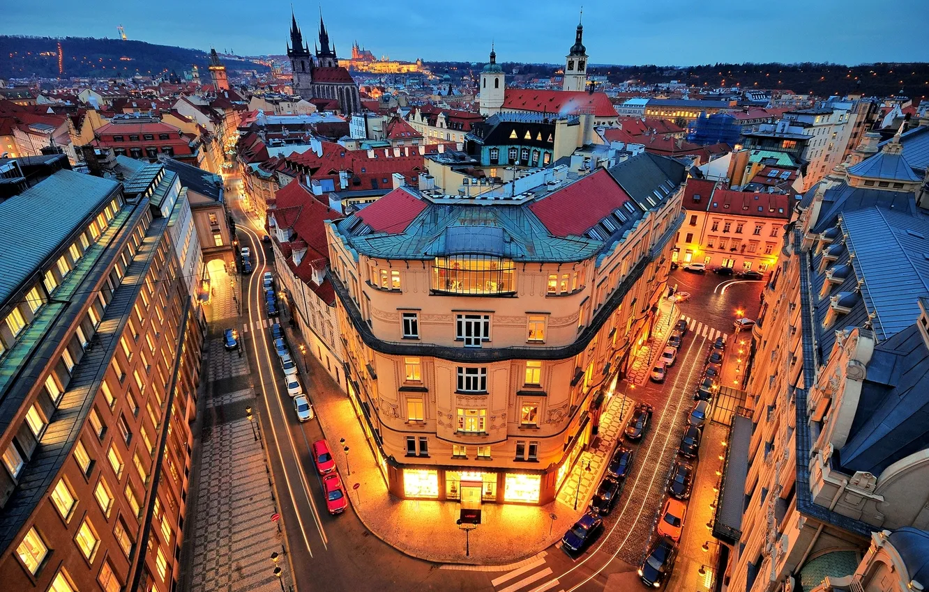 Photo wallpaper road, machine, the city, street, building, home, the evening, Prague