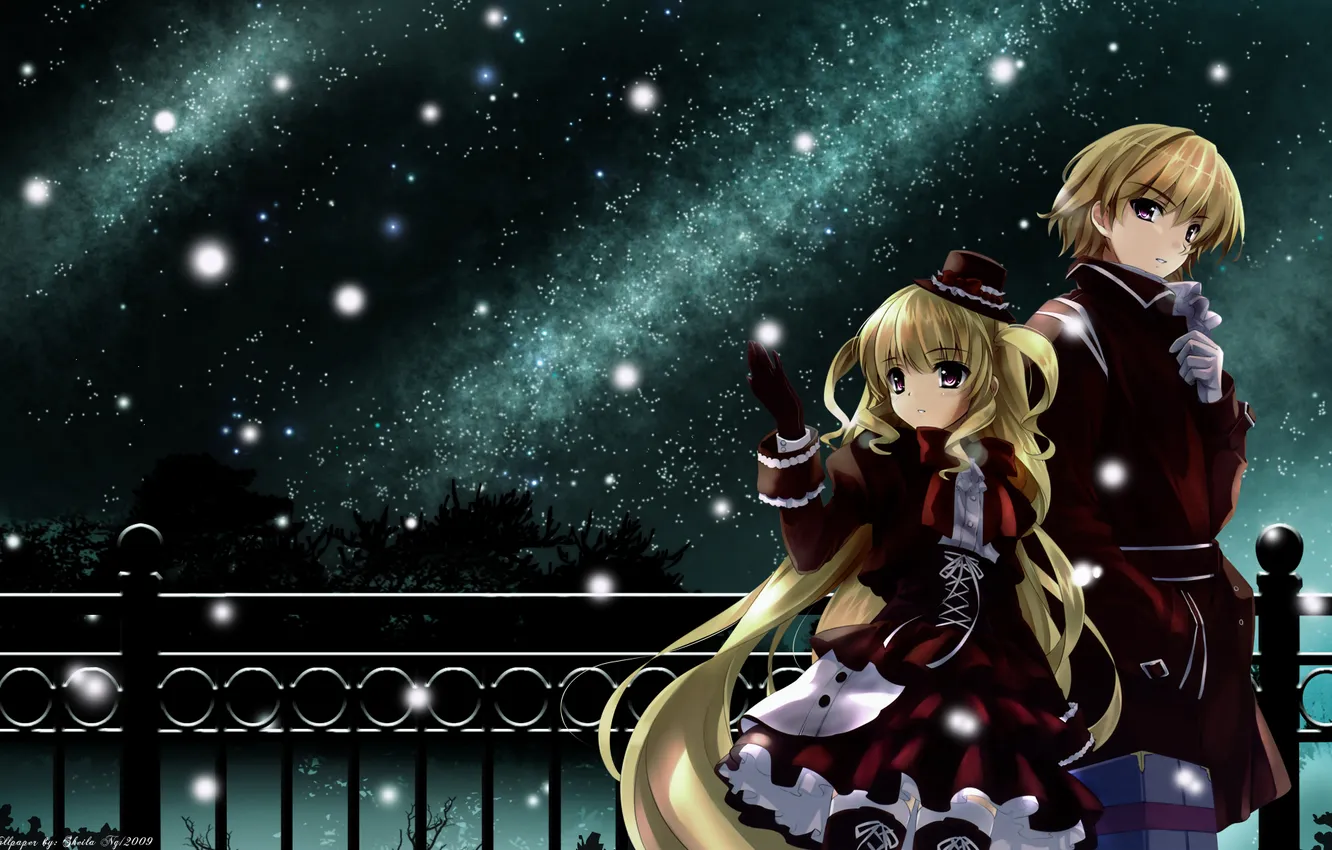 Photo wallpaper winter, snow, night, hat, walk, brothers, sisters, blonde hair