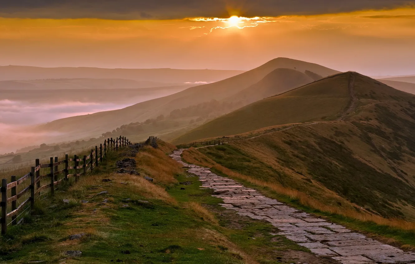 Photo wallpaper landscape, sunset, mountains, the fence