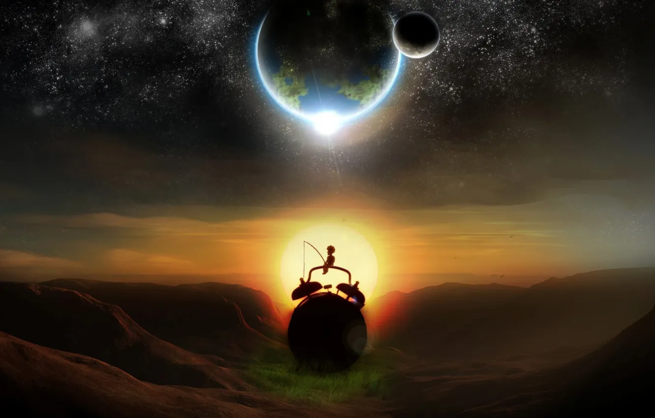 Photo wallpaper the sun, stars, sunset, earth, the moon, watch, planet, satellite