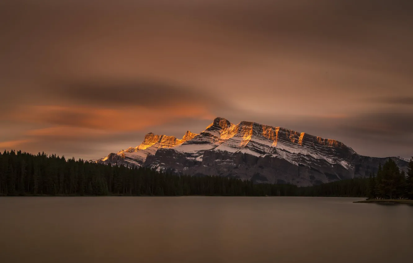 Photo wallpaper forest, light, trees, mountains, night, lake, national Park, Banff