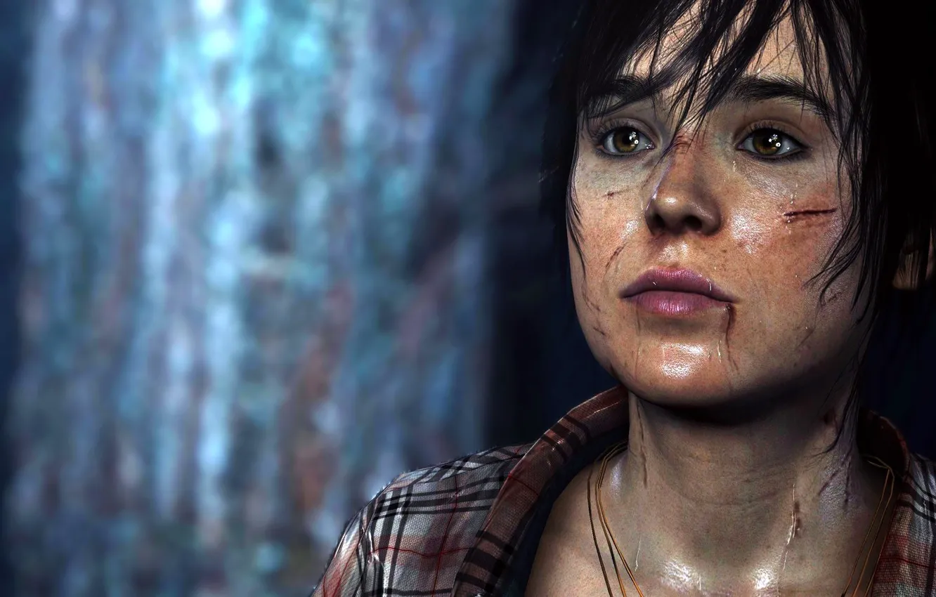 Photo wallpaper look, blood, the game, brunette, shirt, Quantic Dream, Juno, wounds