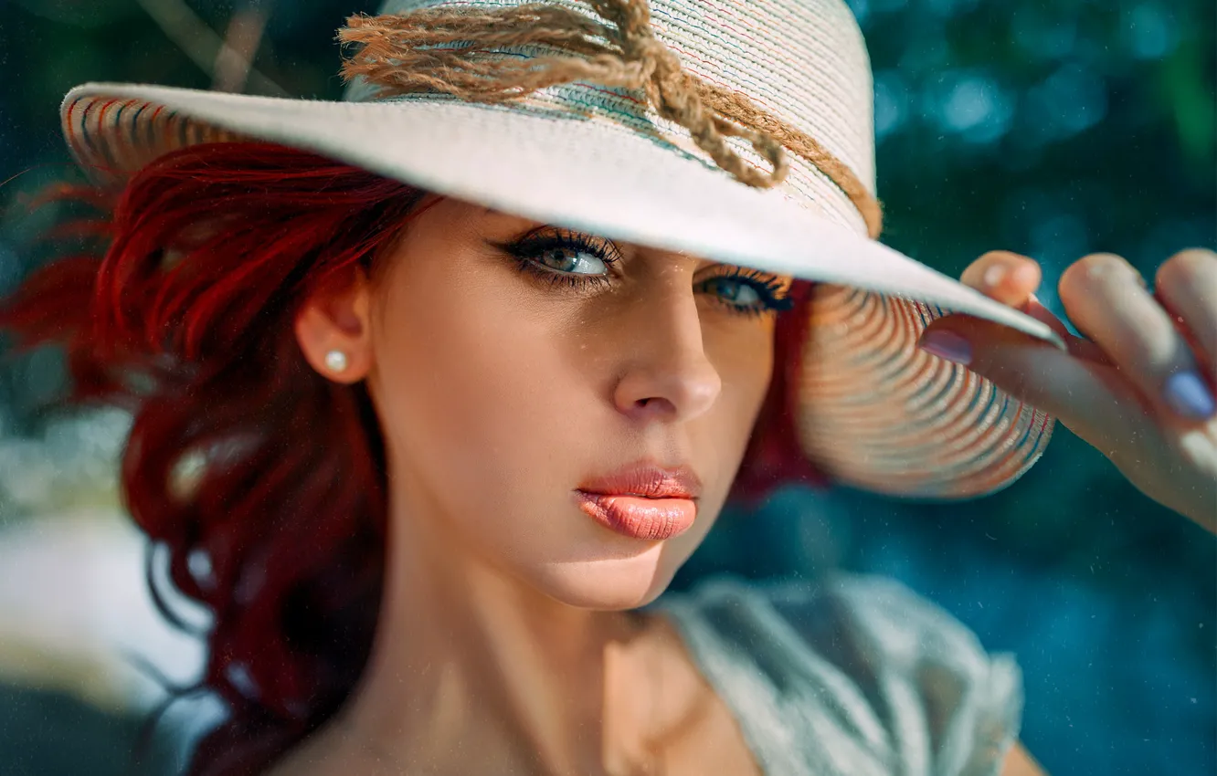 Photo wallpaper look, girl, portrait, hat, makeup, red, Acts Novels