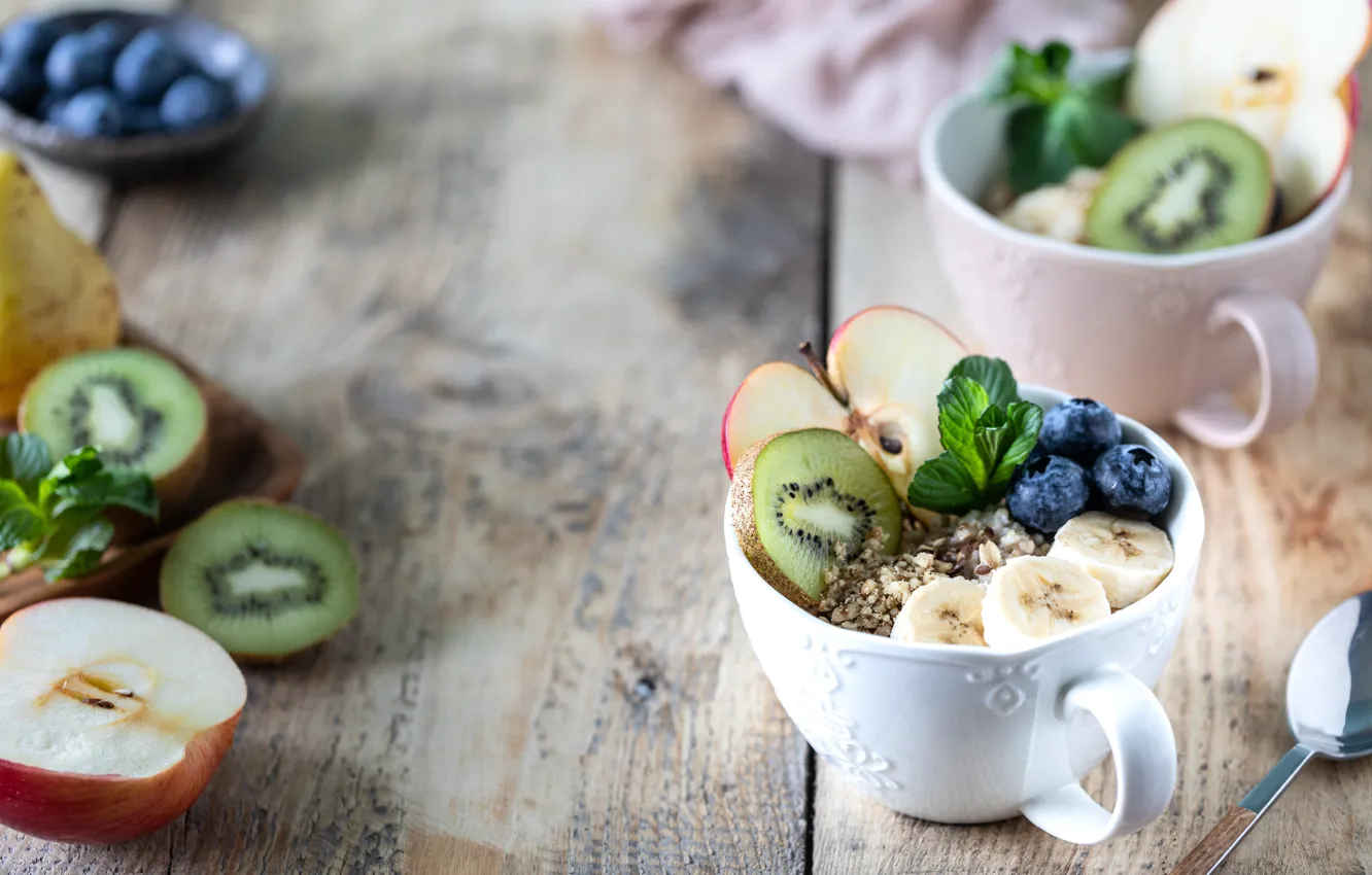 Photo wallpaper berries, table, apples, Board, kiwi, bananas, mug, Cup